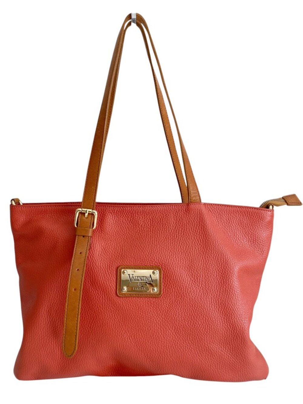 Vintage VALENTINA Large Coral & Tan Leather Slouchy Tote Bag 16 x 11"